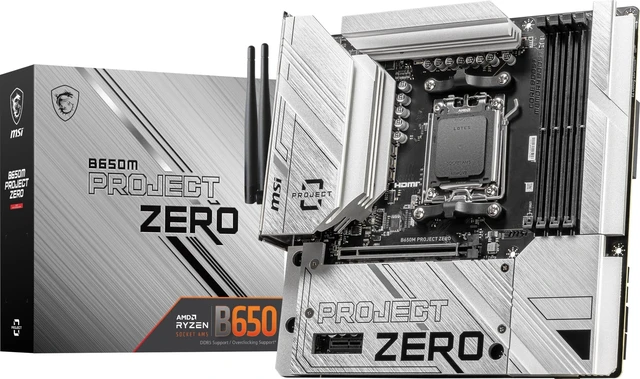 Main image of MSI B650M Project Zero Gaming Motherboard (AMD Ryzen 9000/8000/7000 Series Processors, AM5, DDR5, PCIe 4.0, M.2 Slots, SATA 6Gb/s, USB 3.2 Gen 2, HDMI/DP, Wi-Fi 6E, Bluetooth 5.3, 2.5Gbps LAN, mAT