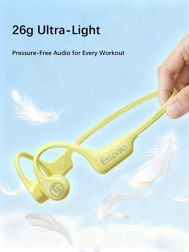 Alt view image 3 of 5 - Essonio Ultra-Lightweight (26g) Bone Conduction Headphones, Bluetooth 5.3 Wireless Open-Ear Headphones with 16GB MP3, IP68 Waterproof for Swimming, 8H Battery, Secure for Running, Sports WhiteR