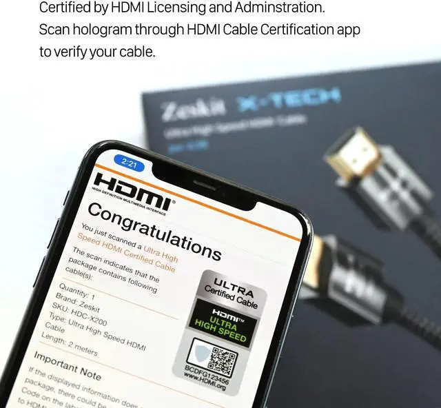 Alt view image 2 of 5 - Zeskit X-Tech 48Gbps Ultra High Speed HDMI Cable 6.5ft, 8K60 4K120 144Hz eARC HDR HDCP 2.2 2.3 Compatible with Dolby Vision Apple TV 4K Roku Sony LG Samsung Xbox Series X RTX 3080 PS4 PS5