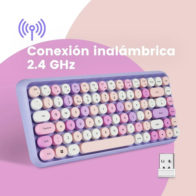 Alt view image 2 of 5 - Perixx PERIDUO-713PP ES Set de raton y Mini teclado inalambrico 2.4 GHz, Teclas redondas Estilo Retro, para PC y Tablet, Morado Pastel, Espanol QWERTY