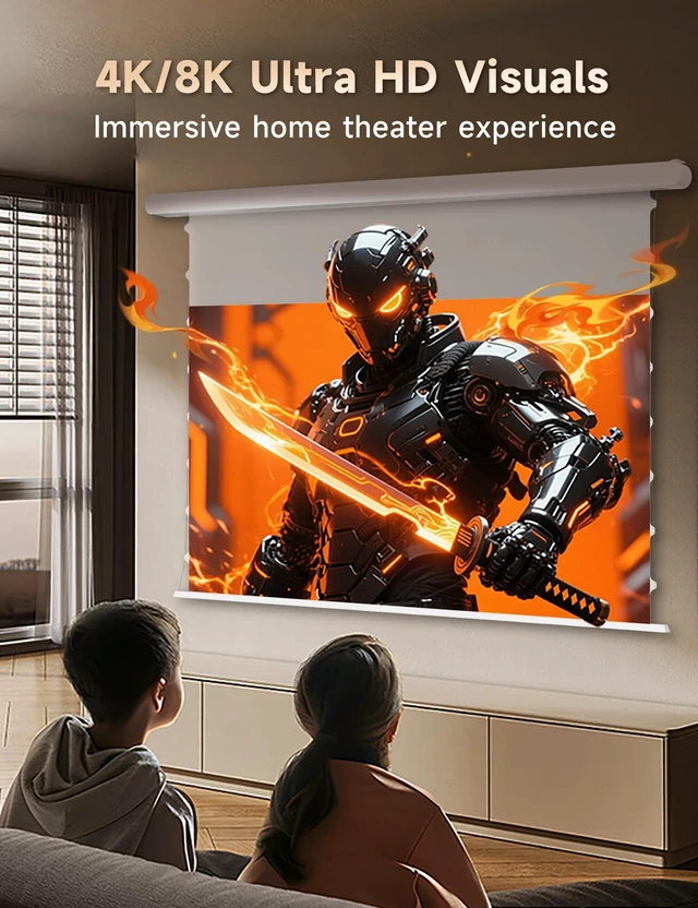 Alt view image 3 of 5 - 100" PureVision Motorized Projector Screen with Laser Speckle Reduction,Movie Screen 4K/8K UHD Ready Auto-Sync for Long Throw Projectors,20" Adjustable Drop and Black Backing for Enhanced Contrast