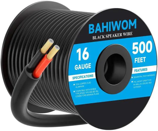 Main image of BAHIWOM 16 Gauge Speaker Wire 500 Feet CL3 Related CCA Black Cable with 2 Conductors for Outdoor Direct Burial Backyard Garden Home Car in-Wall Speaker