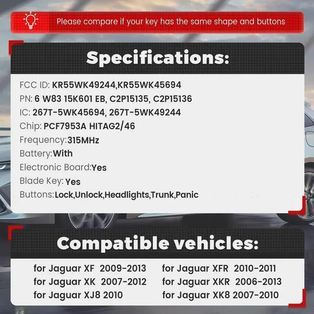 Alt view image 2 of 5 - Beefunny Smart Remote Key Fob Replacement for Jaguar XF XFR XK XKR XJ8 XK8 2006-2013 FCC ID:KR55WK49244,KR55WK45694 315MHz (1)