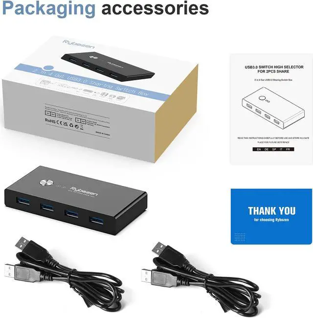Alt view image 7 of 8 - USB 3.0 Switch Selector, KVM Switch Adapter 4 Port 2 Computers, USB Peripheral KM Switcher Box Hub for Mouse Keyboard Scanner Printer PC, with One Button Swapping and 2 Pack USB Cable