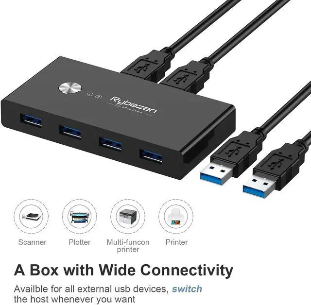 Alt view image 6 of 8 - USB 3.0 Switch Selector, KVM Switch Adapter 4 Port 2 Computers, USB Peripheral KM Switcher Box Hub for Mouse Keyboard Scanner Printer PC, with One Button Swapping and 2 Pack USB Cable