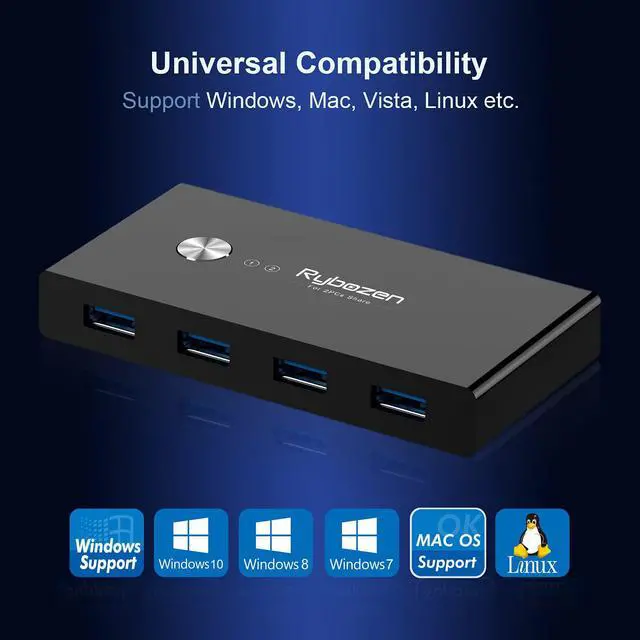 Alt view image 2 of 8 - USB 3.0 Switch Selector, KVM Switch Adapter 4 Port 2 Computers, USB Peripheral KM Switcher Box Hub for Mouse Keyboard Scanner Printer PC, with One Button Swapping and 2 Pack USB Cable