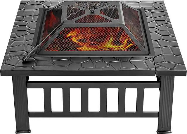 32 Inch Heavy Duty 3 in 1 Metal Square Patio Firepit Table BBQ Garden Stove  with Spark Screen Cover Log Grate and Poker for Outside Wood Burning and  Drink Cooling - Newegg.ca