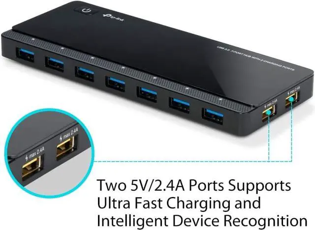 Alt view image 2 of 7 - TP-LINK Powered USB Hub 3.0 with 7 USB 3.0 Data Ports and 2 Smart Charging USB Ports. Compatible with Windows, Mac, Chrome & Linux OS, with Power On/Off Button, 12V/4A Power Adapter(UH720)