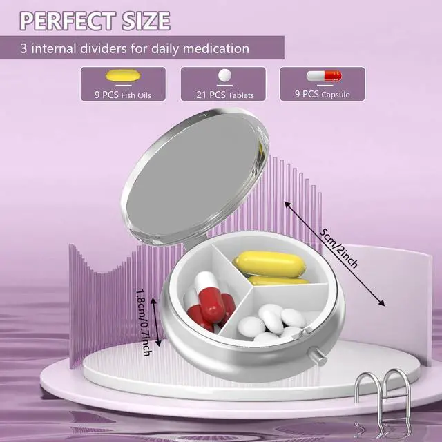 Alt view image 3 of 4 - Mericonn Pill Box 3 Compartment Small Pill Case for Purse & Pocket Cute Pill Organizer Travel Pillbox Pill Container Holder to Hold Vitamins Medication