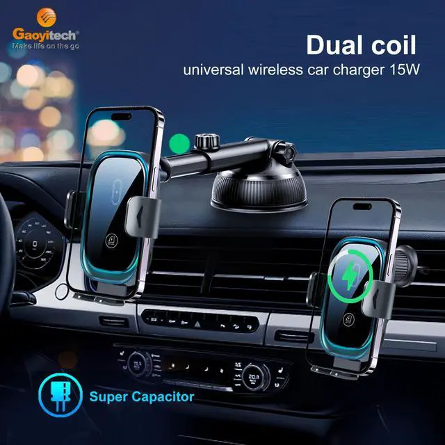 Alt view image 2 of 7 - Mericonn Universal Wireless Car Charger with Dual Coils, Fast Charging, and Auto Clamping Arms - Black Car Electronics Accessory