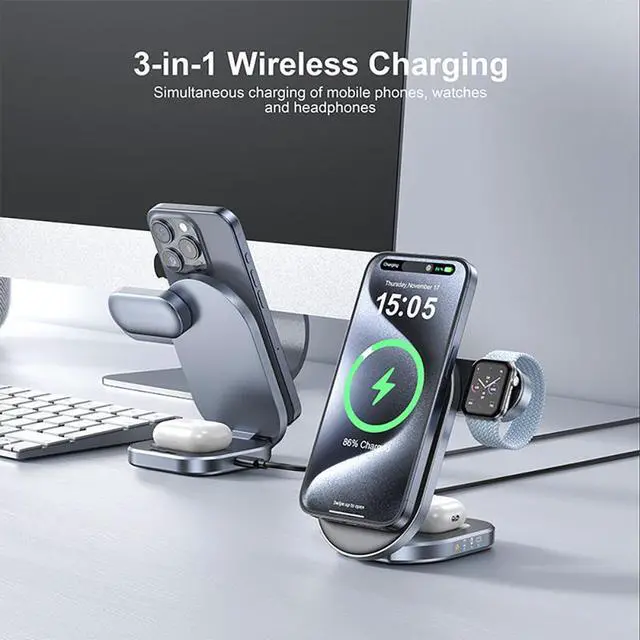 Alt view image 3 of 5 - Mericonn 3-in-1 Versatile Standard Edition Wireless Charging Dock Station, 1-Port, Dual Display, Matte, Kit, for iPhone & Apple Watch