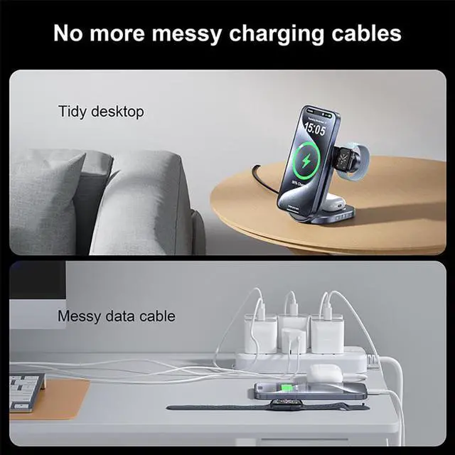 Alt view image 4 of 5 - Mericonn 3-in-1 Versatile Standard Edition Wireless Charging Dock Station, 1-Port, Dual Display, Matte, Kit, for iPhone & Apple Watch