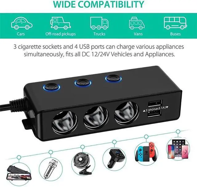 Alt view image 4 of 5 - Mericonn 120W Car Cigarette Lighter Fast Charger, QC3.0, 12/24V, 4 USB Ports