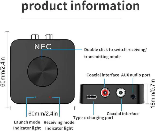 Alt view image 7 of 7 - Mericonn NFC Wireless Audio Adapter - Rechargeable Car Electronics Accessory with Type-C Charging and Ultra Long Distance Transmission for Hands-Free Calling and Music Playback