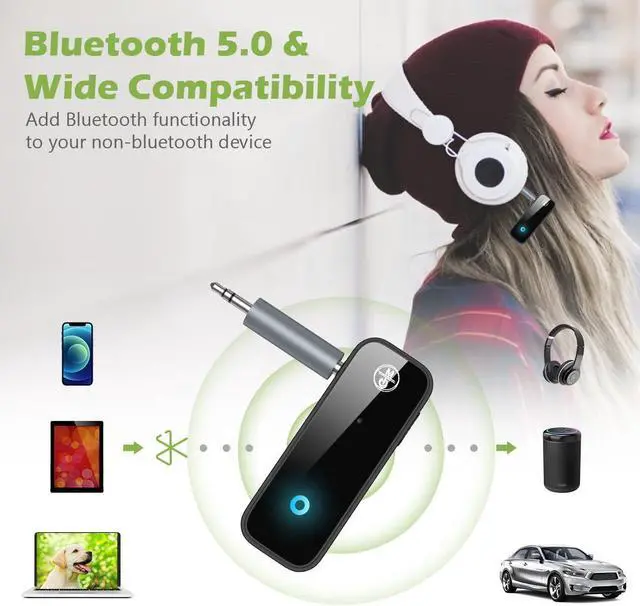 Alt view image 2 of 7 - Mericonn Bluetooth 5.0 Car Adapter - 2 in 1 Accessory with Dual Device Connection, Built-in Microphone, and 8-Hour Battery Life - Black