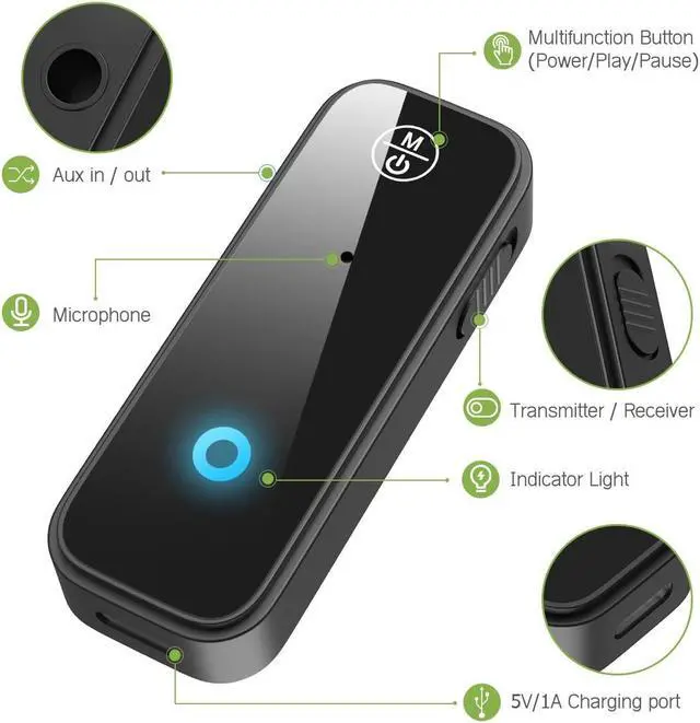 Alt view image 4 of 7 - Mericonn Bluetooth 5.0 Car Adapter - 2 in 1 Accessory with Dual Device Connection, Built-in Microphone, and 8-Hour Battery Life - Black