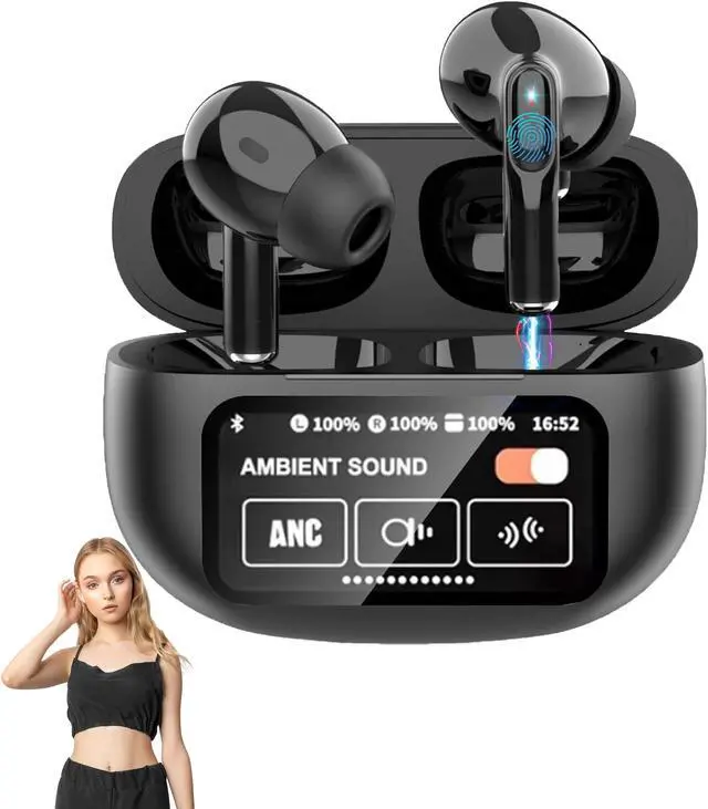 Main image of Mericonn Bluetooth 5.4 TWS Earbuds with Transparency Mode and 98% Active Noise Cancelling, Smart Touch Screen Case, ENC Mic, and Equalizer for iPhone, Samsung, and Android - Black