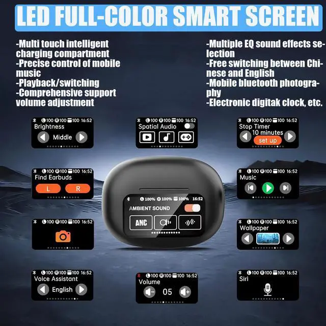 Alt view image 2 of 6 - Mericonn Bluetooth 5.4 TWS Earbuds with Transparency Mode and 98% Active Noise Cancelling, Smart Touch Screen Case, ENC Mic, and Equalizer for iPhone, Samsung, and Android - Black