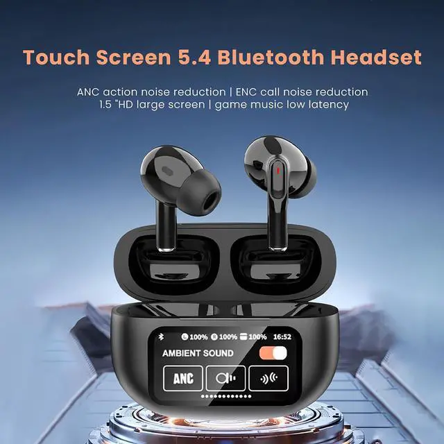 Alt view image 6 of 6 - Mericonn Bluetooth 5.4 TWS Earbuds with Transparency Mode and 98% Active Noise Cancelling, Smart Touch Screen Case, ENC Mic, and Equalizer for iPhone, Samsung, and Android - Black