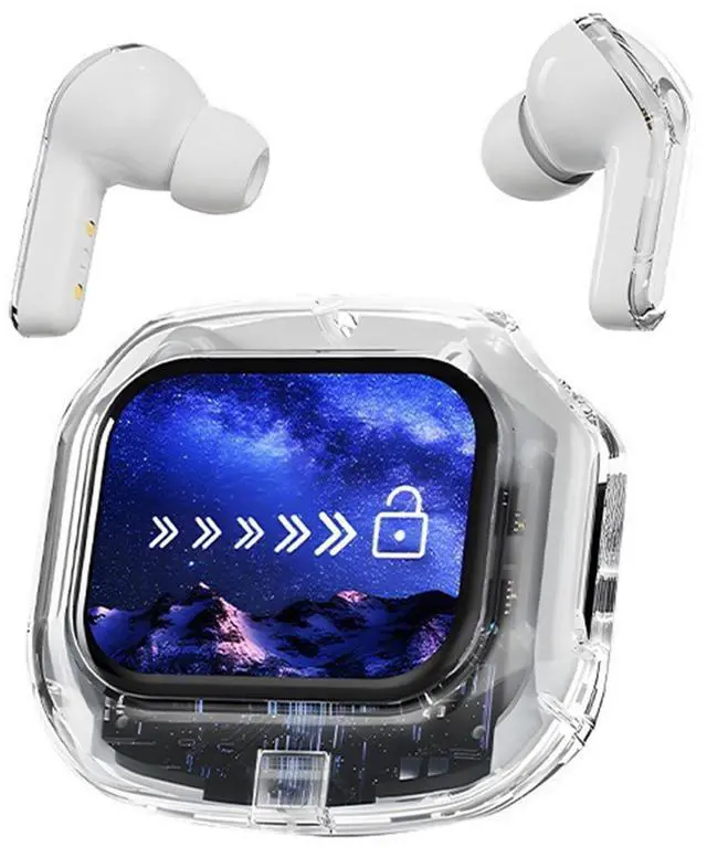 Main image of Mericonn Transparent Bluetooth 5.4 Earbuds with LCD Touch Screen, IPX7 Waterproof, Noise Reduction, Game Mode, Secure Fit Sports Earphones - Air Max 2025