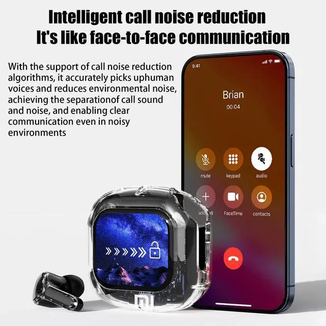 Alt view image 3 of 7 - Mericonn Transparent Bluetooth 5.4 Earbuds with LCD Touch Screen, IPX7 Waterproof, Noise Reduction, Game Mode, Secure Fit Sports Earphones - Air Max 2025