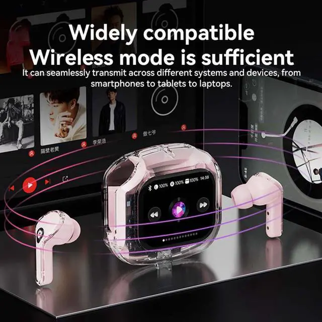 Alt view image 5 of 7 - Mericonn Transparent Bluetooth 5.4 Earbuds with LCD Touch Screen, IPX7 Waterproof, Noise Reduction, Game Mode, Secure Fit Sports Earphones - Air Max 2025