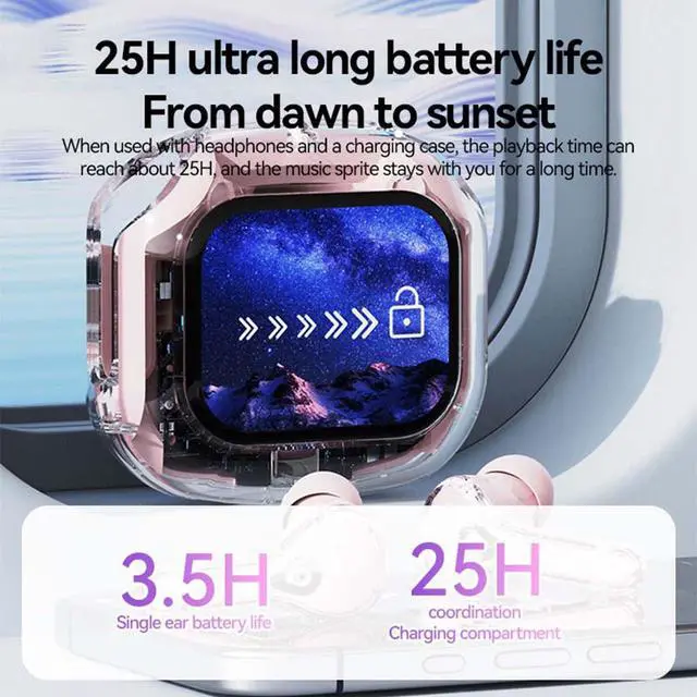 Alt view image 5 of 7 - Mericonn Transparent Bluetooth 5.4 Earbuds with LCD Touch Screen, IPX7 Waterproof, Noise Reduction, Game Mode, Secure Fit Sports Earphones - Air Max 2025