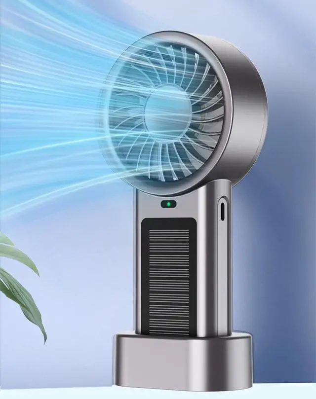 Alt view image 2 of 7 - Portable Solar Handheld Fan, Rechargeable Personal Fan with Base, 5 Speeds, Compact & Lightweight for Home Office Travel Camping Outdoor