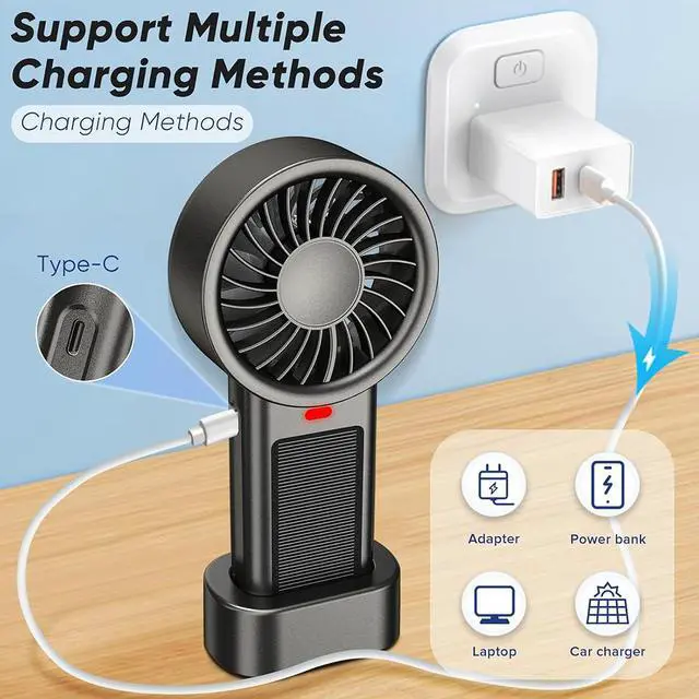 Alt view image 6 of 7 - Portable Solar Handheld Fan, Rechargeable Personal Fan with Base, 5 Speeds, Compact & Lightweight for Home Office Travel Camping Outdoor