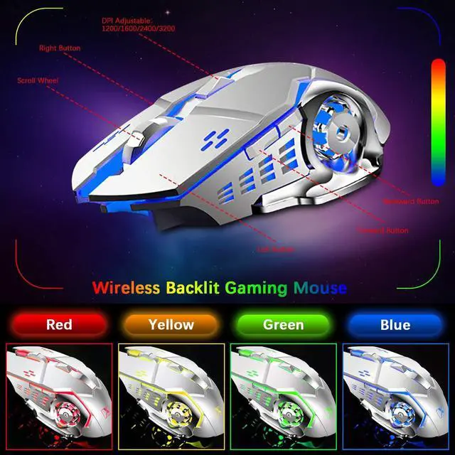 Alt view image 4 of 6 - Wireless Gaming Keyboard and Mouse,Rainbow Backlit Rechargeable Keyboard Mouse with 3800mAh Battery Metal Panel,Removable Hand Rest Mechanical Feel Keyboard and 7 Color Gaming Mute Mouse for PC Gamers