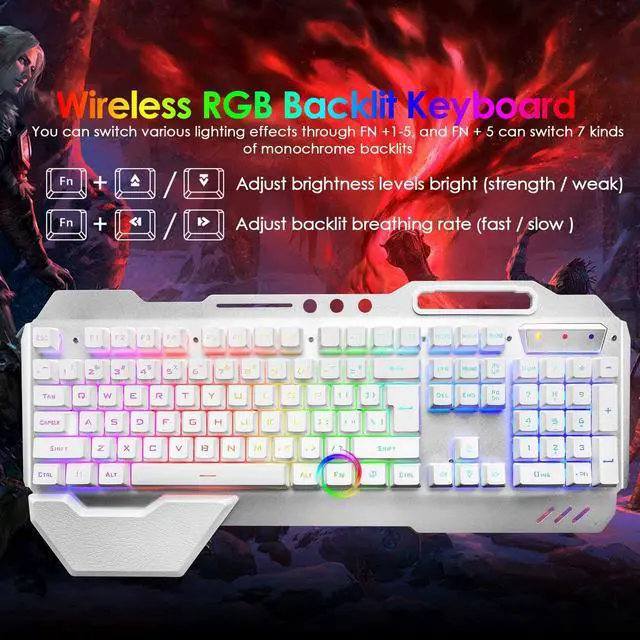 Alt view image 5 of 6 - Wireless Gaming Keyboard and Mouse,Rainbow Backlit Rechargeable Keyboard Mouse with 3800mAh Battery Metal Panel,Removable Hand Rest Mechanical Feel Keyboard and 7 Color Gaming Mute Mouse for PC Gamers