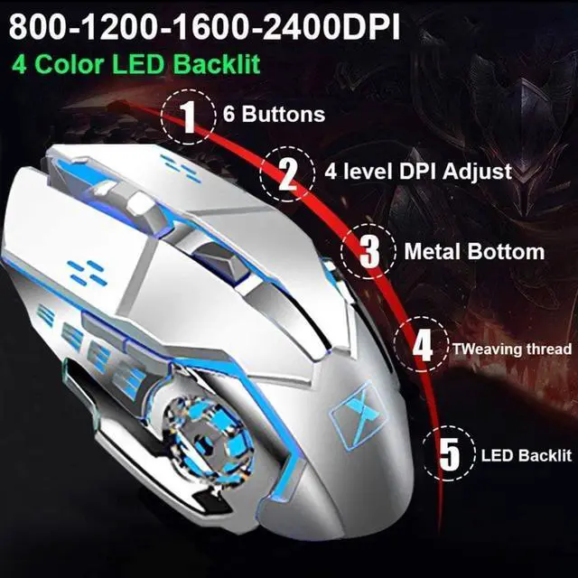 Alt view image 4 of 7 - Wireless Gaming Keyboard and Mouse,Rainbow Backlit Rechargeable Keyboard Mouse with 3800mAh Battery Metal Panel,Removable Hand Rest Mechanical Feel Keyboard and 7 Color Gaming Mute Mouse for PC Gamers