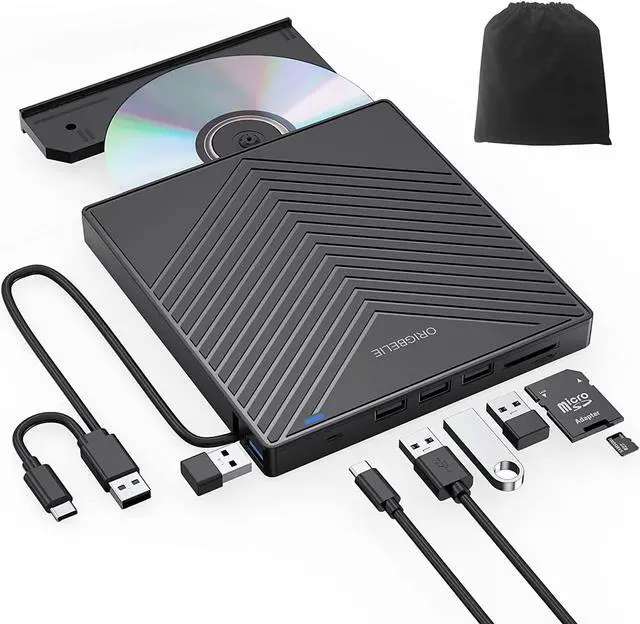 Main image of External CD DVD Drive, Ultra Slim CD Burner USB 3.0 with 4 USB Ports and 2 TF/SD Card Slots, Optical Disk Drive for Laptop Mac, PC Windows 11/10/8/7 Linux OS