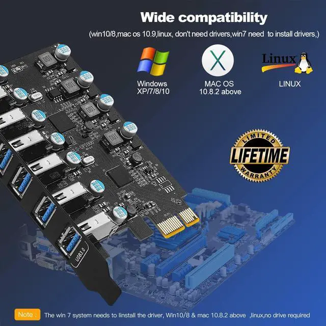 Alt view image 5 of 6 - PCI-E to USB 3.0 7-Port(7X USB-A ) Expansion Card ,PCI Express USB Add in Card , Internal USB3 Hub Converter for Desktop PC Host Card Support Windows 10/8/7/XP and MAC OS 10.8.2 Above