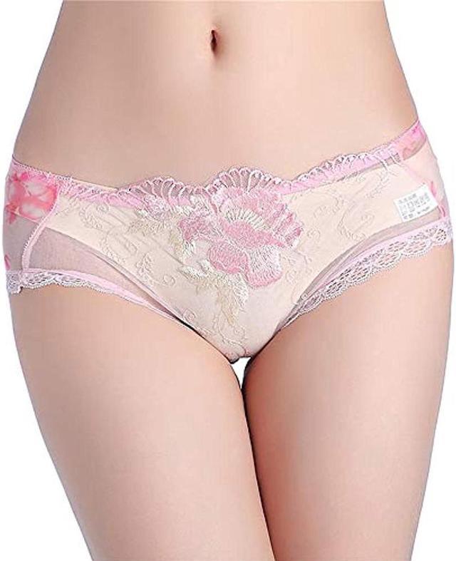 Rose lace embroidered flower panties Women's Shorts sexy transparent  low-rise ladies briefs L Pink 