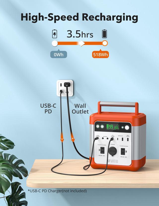 VATID 600W Portable Power Station,3.5hrs Fully Recharge,518Wh