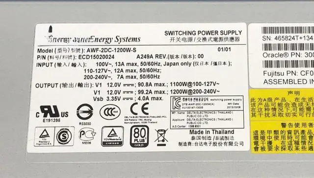 Alt view image 2 of 2 - For SUN T3-1 T4-1 Server Power Supply 300-2304-01 AWF-2DC-1200W-S