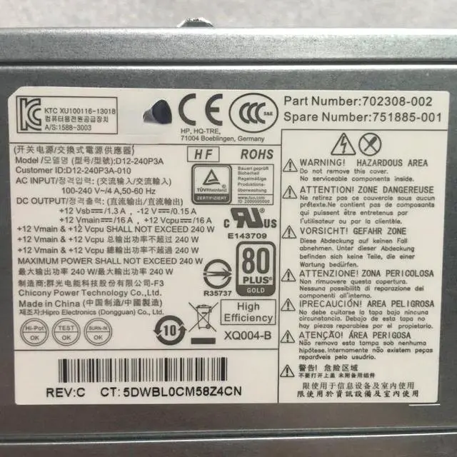 Alt view image 5 of 5 - For HP ProDesk400 600 800 G1 power supply 751885-001 702308-002 D12-240P3A