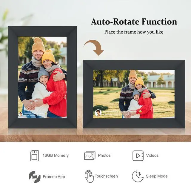 Alt view image 3 of 7 - AEEZO 10.1 Inch WiFi Digital Picture Frame, IPS Touch Screen Smart Cloud Photo Frame with 16GB Storage, Easy Setup to Share Photos or Videos via Frameo APP, Auto-Rotate, Wall Mountable (Black)