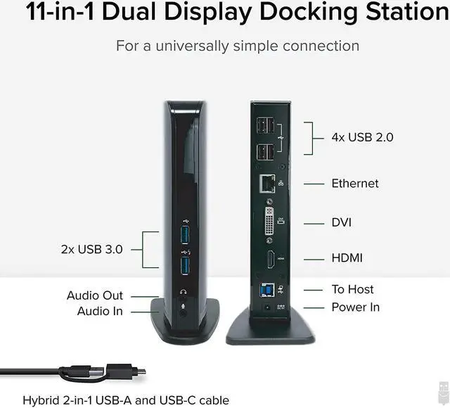 Alt view image 2 of 7 - Plugable Universal Laptop Docking Station Dual Monitor for Windows and Mac, DisplayLink USB 3.0 or USB C Dock, (Dual Video: HDMI and HDMI/DVI/VGA, Gigabit Ethernet, Audio, 6 USB Ports)