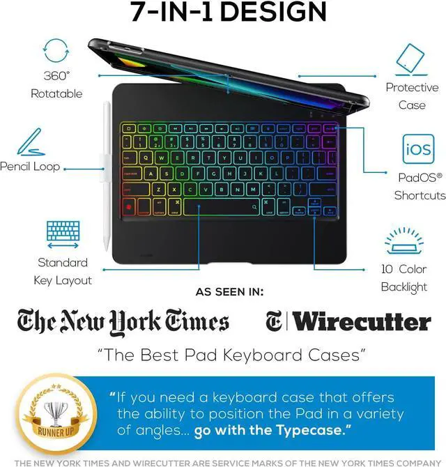 Alt view image 3 of 7 - For iPad Keyboard Case for iPad 2018 (6th Gen) - iPad 2017 (5th Gen) - iPad Pro 9.7 - iPad Air 2 & 1 - Thin & Light - 360 Rotatable - Wireless/BT - Backlit 10 Color - iPad Case with Keyboard (Black)