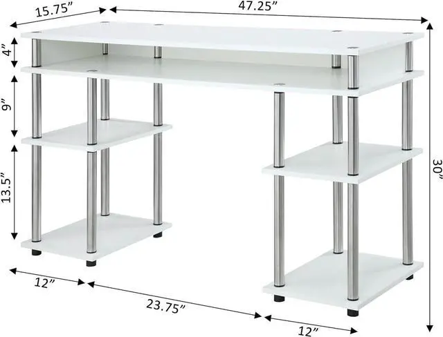 Alt view image 3 of 5 - Convenience Concepts Designs2Go No Tools Student Shelves Desk, 47.25" L x 15.75" W x 30" H, White