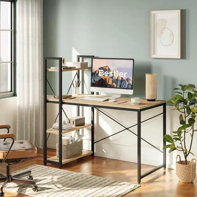 Alt view image 2 of 7 - Bestier 47 Inch Computer Desk with Adjustable Shelves, Simple Writing Desk with Reversible Bookshelf and Metal Legs for Home Office and Studio, Oak