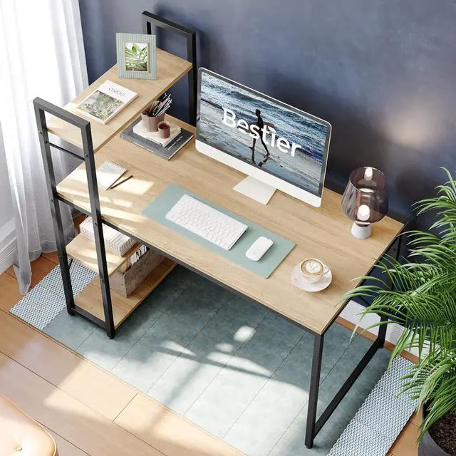 Alt view image 4 of 7 - Bestier 47 Inch Computer Desk with Adjustable Shelves, Simple Writing Desk with Reversible Bookshelf and Metal Legs for Home Office and Studio, Oak