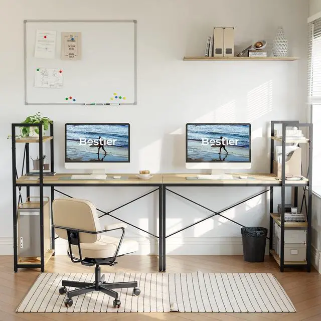 Alt view image 5 of 7 - Bestier 47 Inch Computer Desk with Adjustable Shelves, Simple Writing Desk with Reversible Bookshelf and Metal Legs for Home Office and Studio, Oak