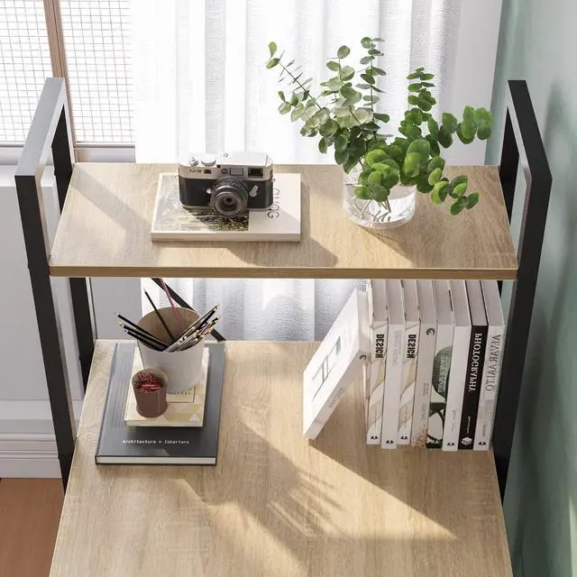 Alt view image 7 of 7 - Bestier 47 Inch Computer Desk with Adjustable Shelves, Simple Writing Desk with Reversible Bookshelf and Metal Legs for Home Office and Studio, Oak