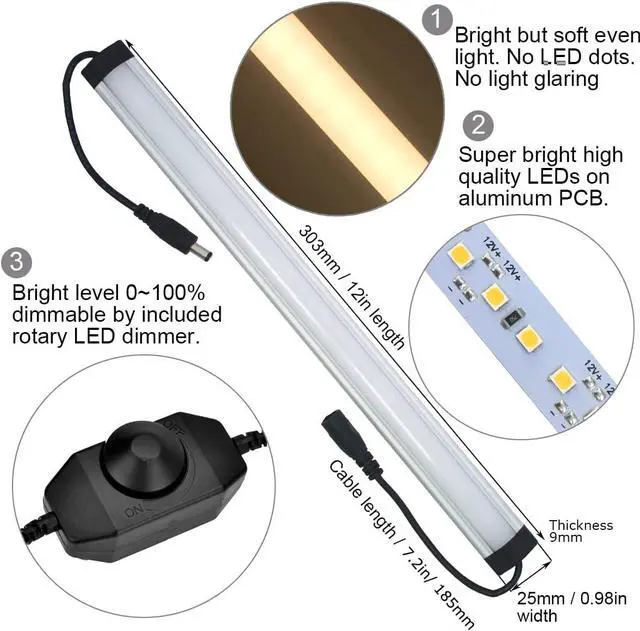 Alt view image 4 of 7 - Under Cabinet LED Lighting Kit Plug in or Hardwired, 6 pcs 12 Inches Light Strips, 2000 Lumen, Super Bright, for Kitchen Counter, Closet, Shelf Lights, 31W, Warm White (6 Bars)