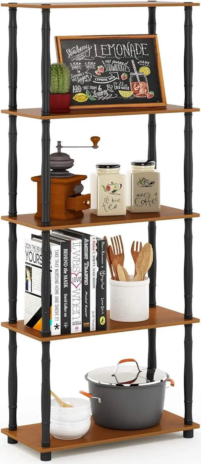 Main image of Furinno TURN-S-TUBE Storage Shelves, 5-Tier Book Shelf, Corner Shelf, Toolless Open Shelves, Classic Tubes, for Organization and Storage, Living Room, Garage, Home Office, Light Cherry