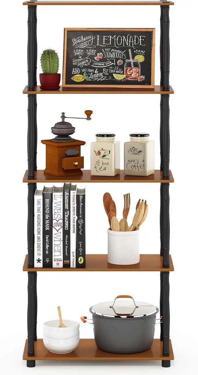 Alt view image 6 of 7 - Furinno TURN-S-TUBE Storage Shelves, 5-Tier Book Shelf, Corner Shelf, Toolless Open Shelves, Classic Tubes, for Organization and Storage, Living Room, Garage, Home Office, Light Cherry