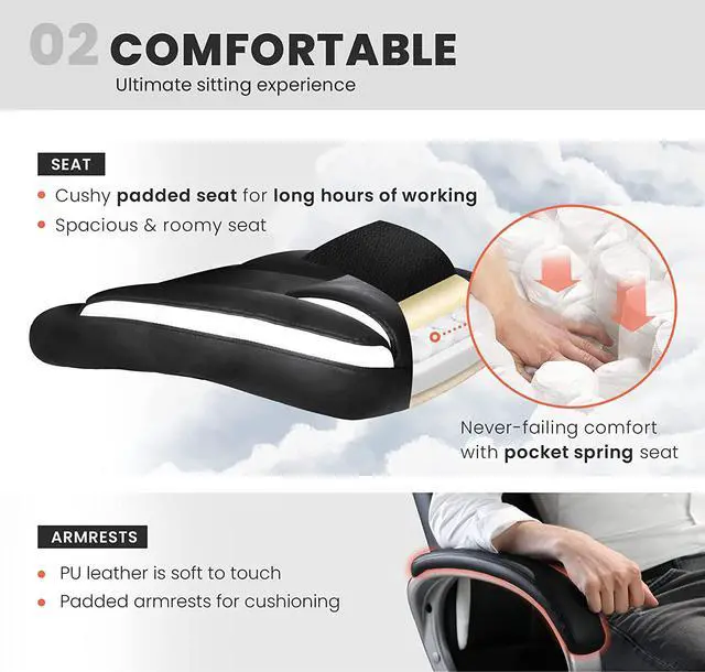 Alt view image 3 of 6 - NEO CHAIR Office Chair Computer Desk Chair Gaming - Ergonomic High Back Cushion Lumbar Support with Wheels Comfortable Black Leather Racing Seat Adjustable Swivel Rolling Home Executive